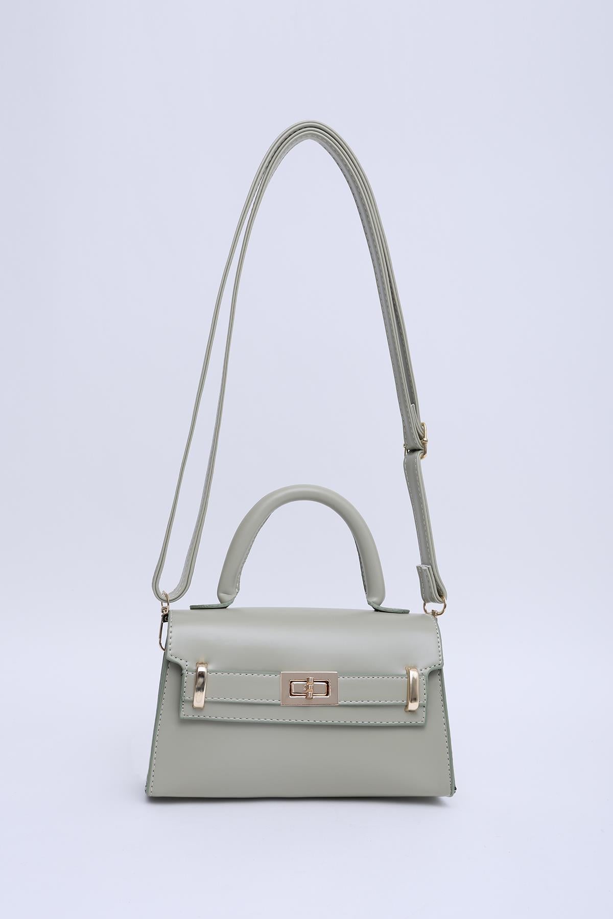Mint Yeşil Shk188 Suni Deri Tek Bölmeli Kilit Detaylı Askılı El, Kol Ve Omuz Çantası U:11 E:19 G:6 Cm