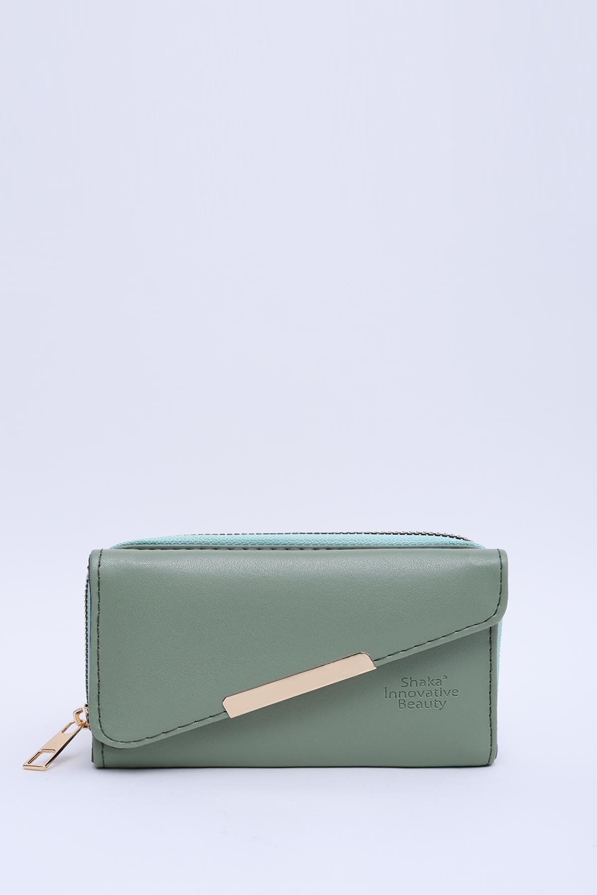 Mint Yeşil SHK202 Suni Deri 9 Bölmeli, Kartlık, Kağıt ve Bozuk Para Bölmeli Çıtçıtlı Cüzdan U:9 E:13 G:4 cm