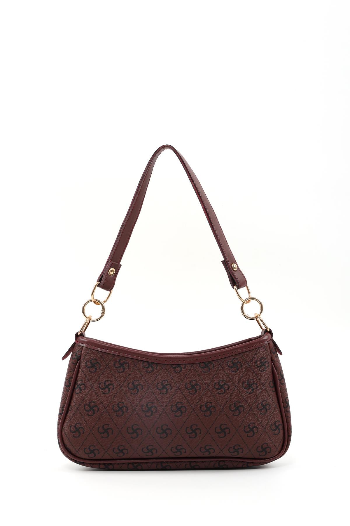 Monogram Baskılı Bordo Shk113 Suni Deri Astarlı Fermuarlı Ayarlanabilir Askılı El, Kol ve Omuz Çantası