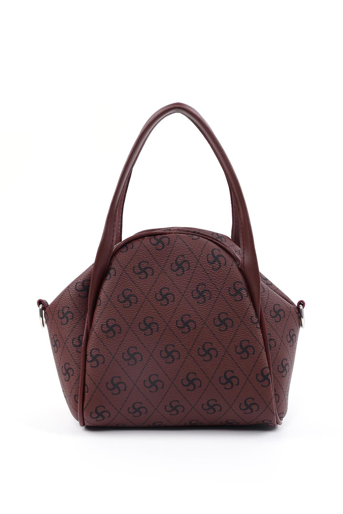 Monogram Baskılı Bordo Shk132 Suni Deri, Fermuarlı Tek Bölmeli, Çıtçıt Detaylı ,Askılı El ve Çapraz Omuz Çantası