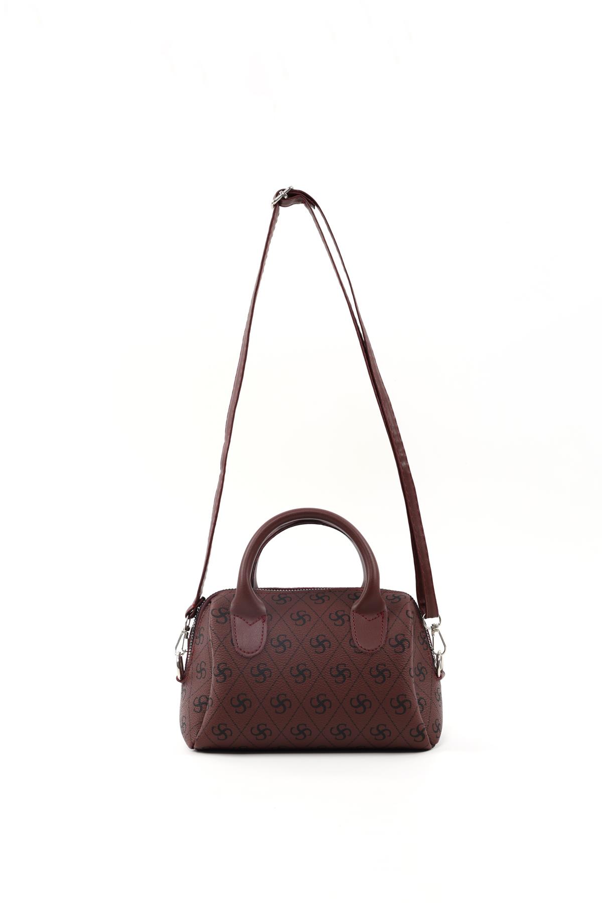 Monogram Baskılı Bordo Shk184 Suni Deri Tek Bölmeli Fermuarlı Ayarlanabilir Askılı El, Kol ve Omuz Çantası E:20 U:12 G:10 cm