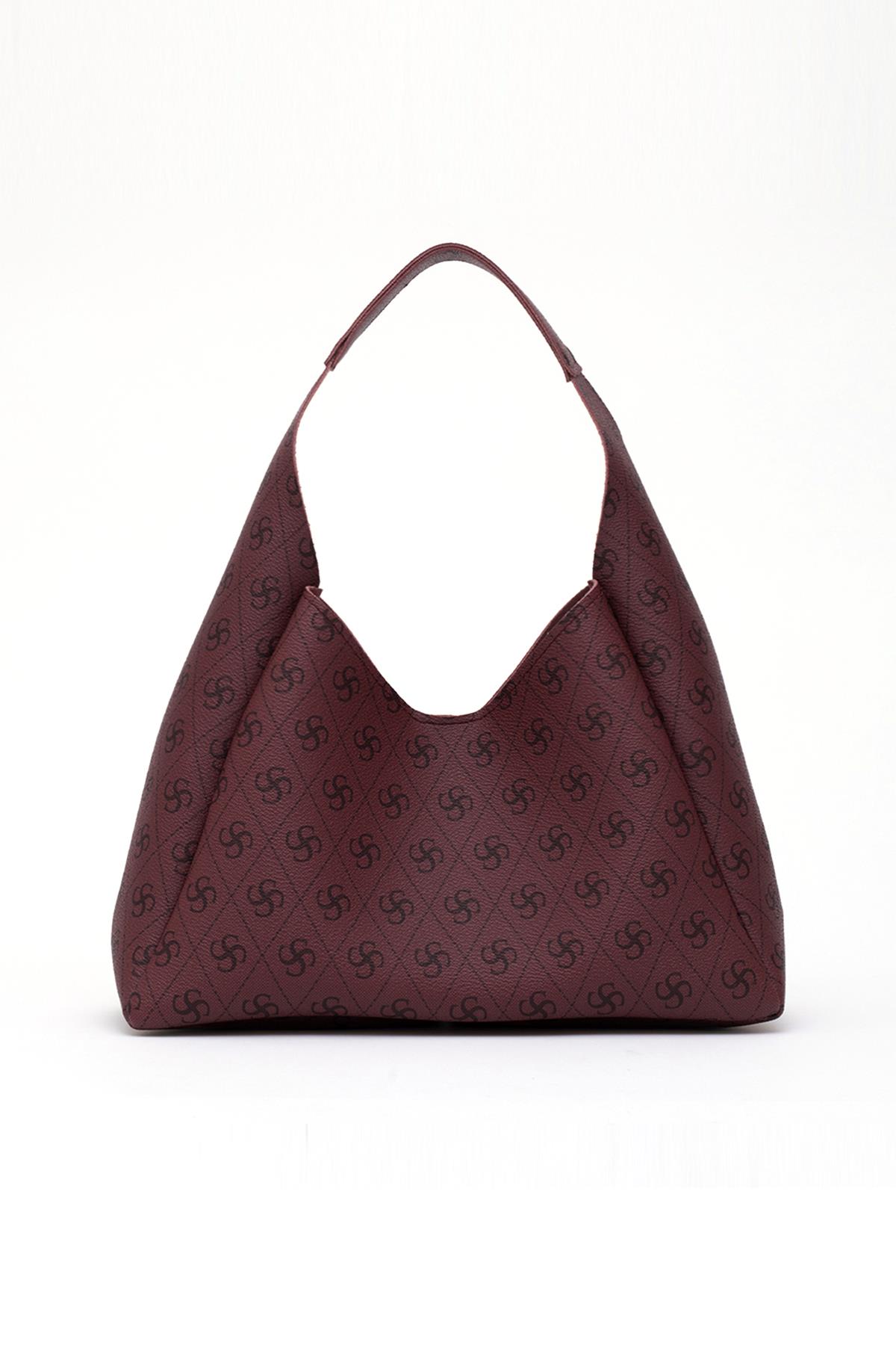Monogram Baskılı Bordo SHK19 Suni Deri, Çıtçıtlı, Tek Bölmeli, Fermuarlı Makyaj Çantalı, El, Kol ve Omuz Çantası