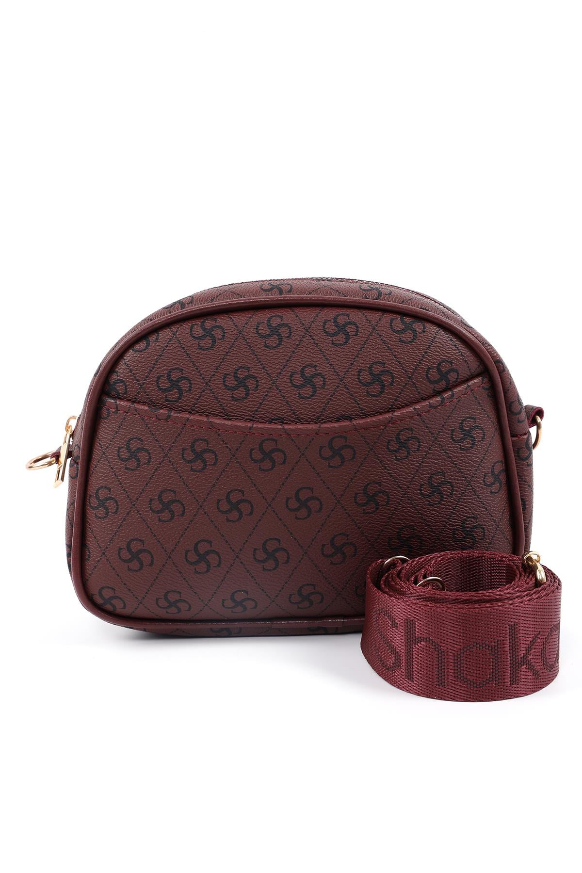 Monogram Baskılı Bordo SHK194 Suni Deri Fermuarlı 2 Bölmeli Ayarlanabilir Kolon Askılı Omuz Çantası