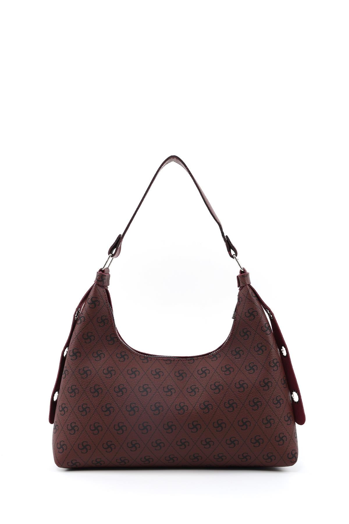 Monogram Baskılı Bordo Shk82 Baget Model Tek Bölmeli Kadın Suni Deri Kol ve Omuz Çantası