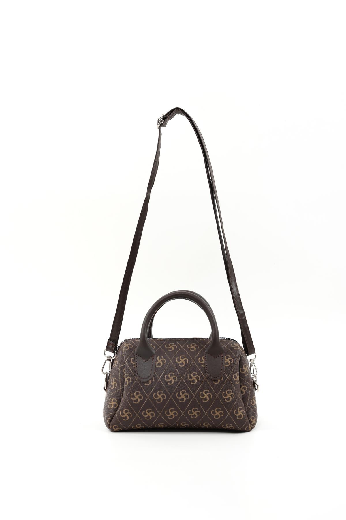 Monogram Baskılı Kahverengi Shk184 Suni Deri Tek Bölmeli Fermuarlı Ayarlanabilir Askılı El, Kol ve Omuz Çantası E:20 U:12 G:10 cm