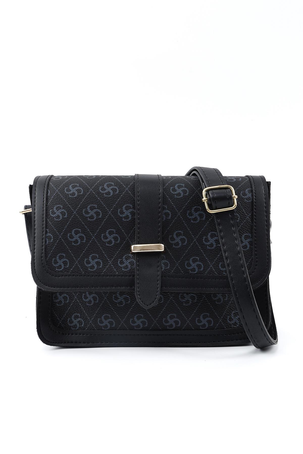 Monogram Baskılı Siyah Shk127 Suni Deri İç Fermuar Cepli Çıtçıt Kapamalı El,Kol ve Omuz Çantası