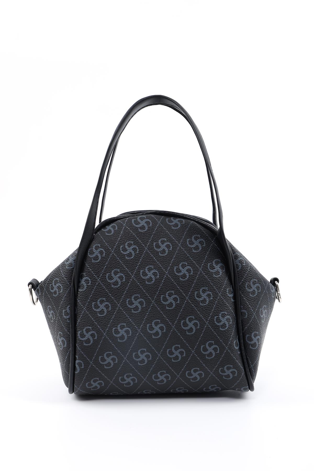 Monogram Baskılı Siyah Shk132 Suni Deri, Fermuarlı Tek Bölmeli, Çıtçıt Detaylı ,Askılı El ve Çapraz Omuz Çantası