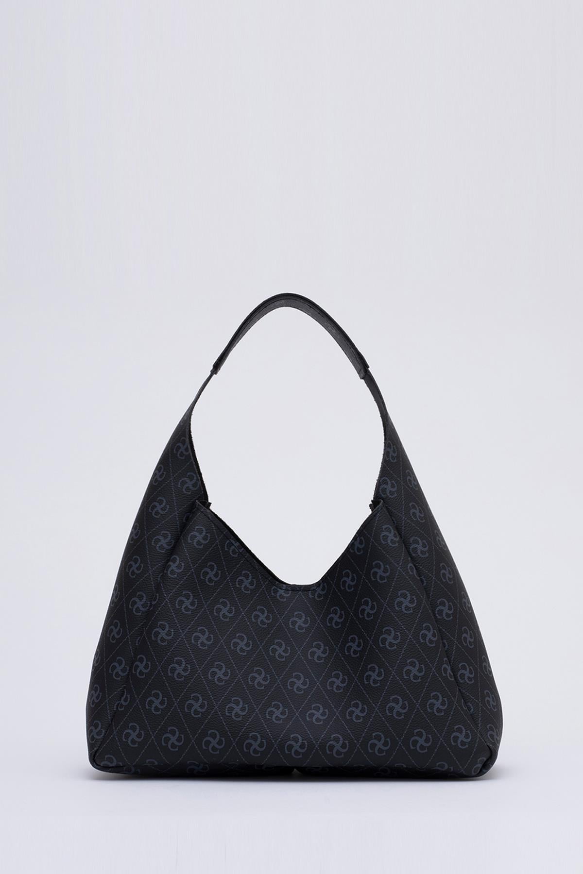 Monogram Baskılı Siyah SHK19 Suni Deri, Çıtçıtlı, Tek Bölmeli, Fermuarlı Makyaj Çantalı, El, Kol ve Omuz Çantası