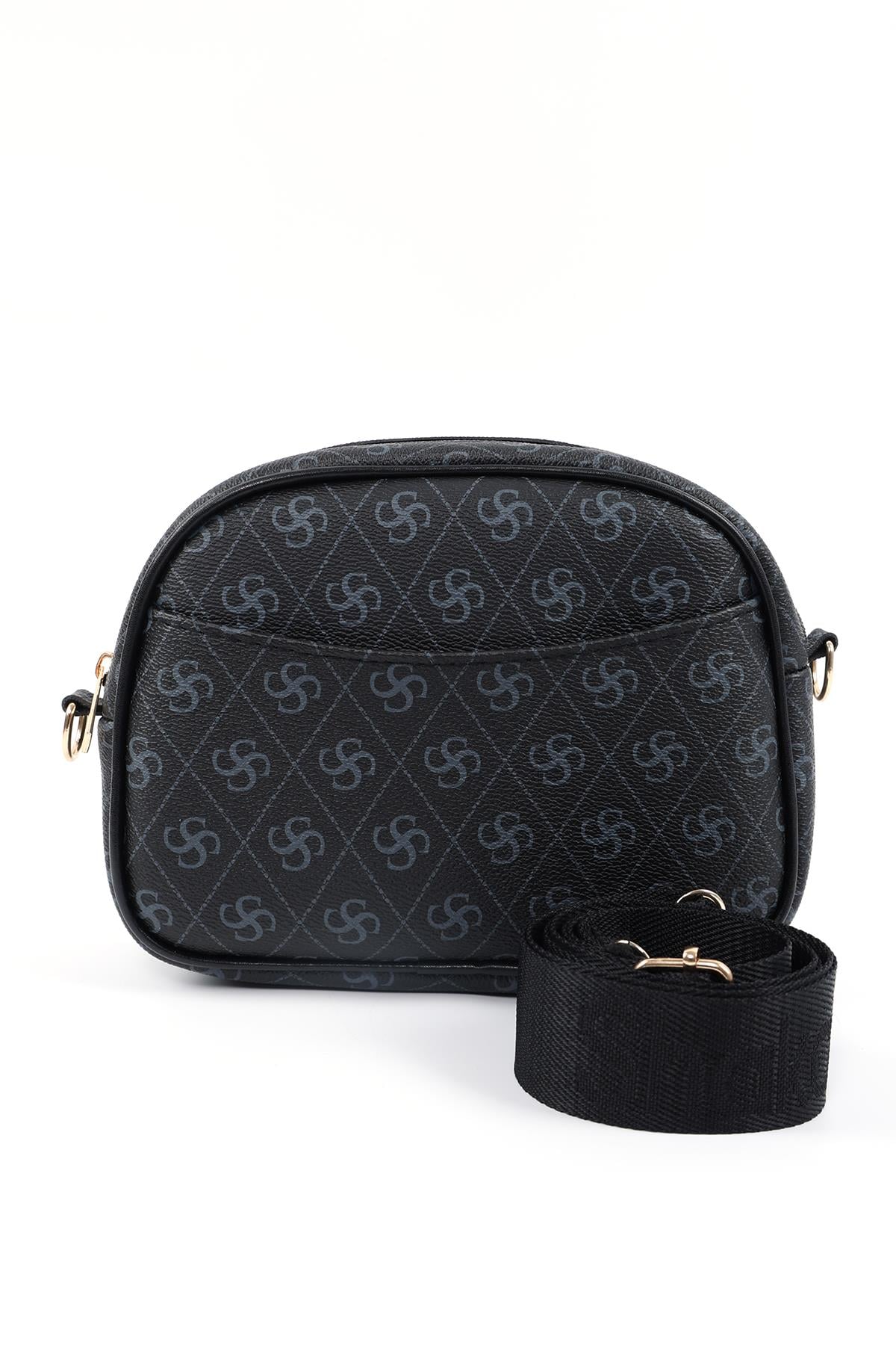 Monogram Baskılı Siyah SHK194 Suni Deri Fermuarlı 2 Bölmeli Ayarlanabilir Kolon Askılı Omuz Çantası