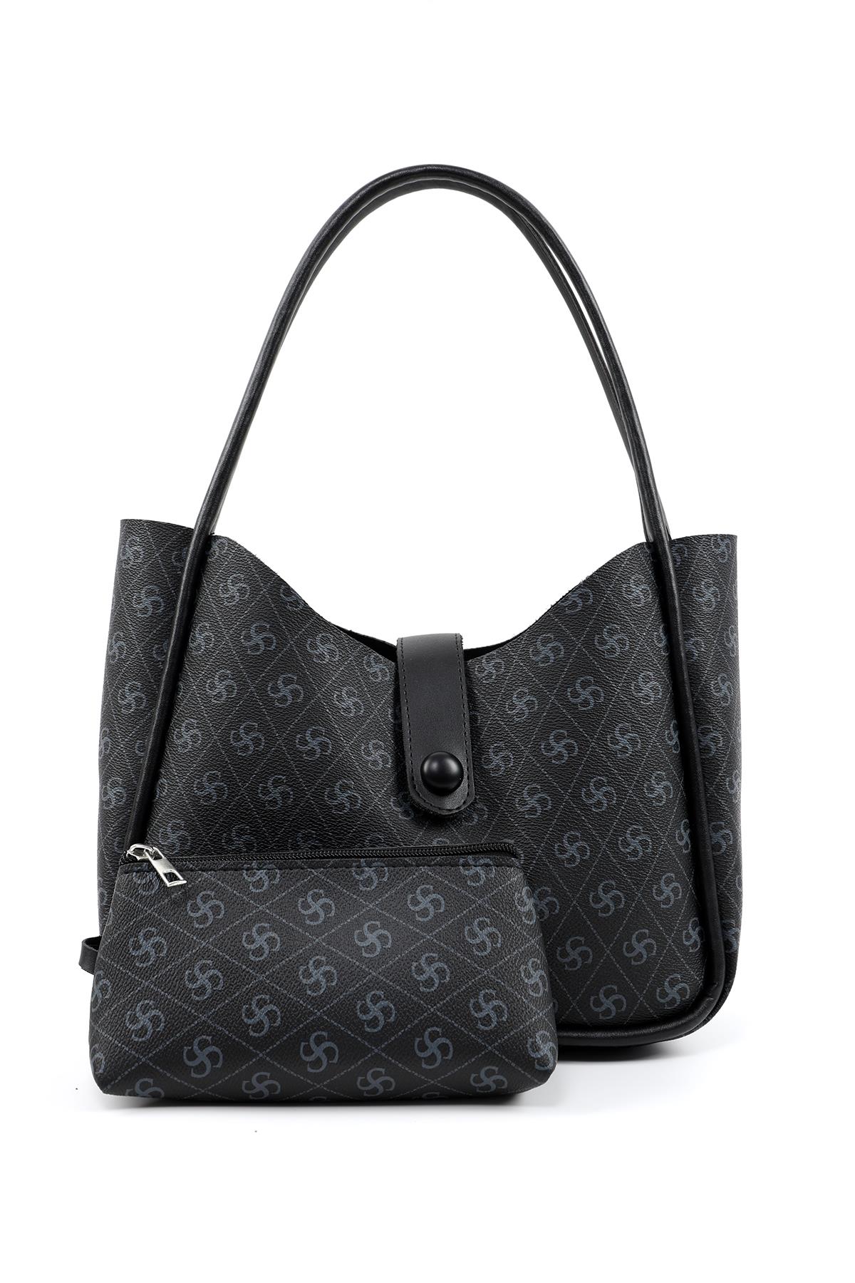 Monogram Baskılı Siyah Shk79 Deri Düğme Detaylı Çıtçıtlı Makyaj Çantalı Kol ve Omuz Çantası E:30 U:22 G:10