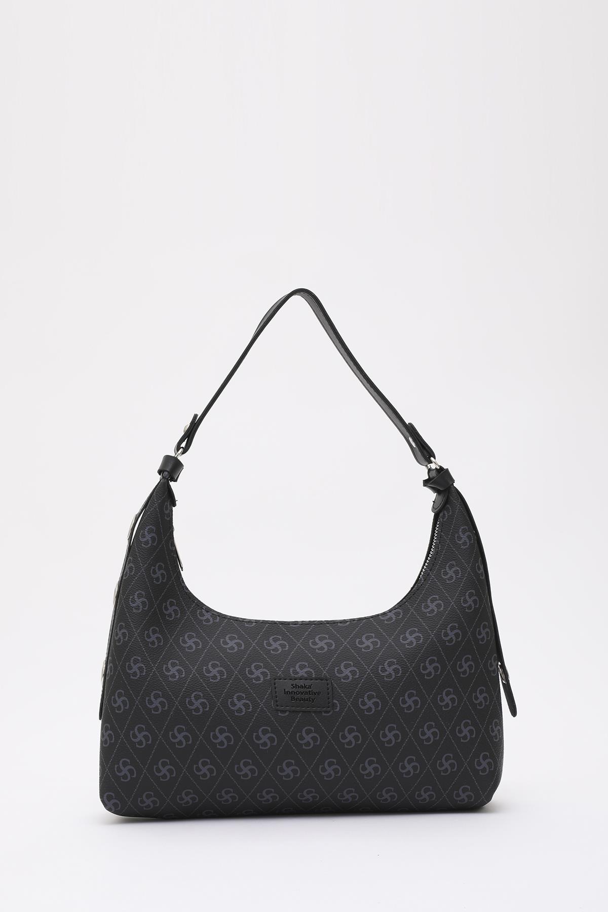 Monogram Baskılı Siyah Shk82 Baget Model Tek Bölmeli Kadın Suni Deri Kol ve Omuz Çantası U:17 E:30 G:7