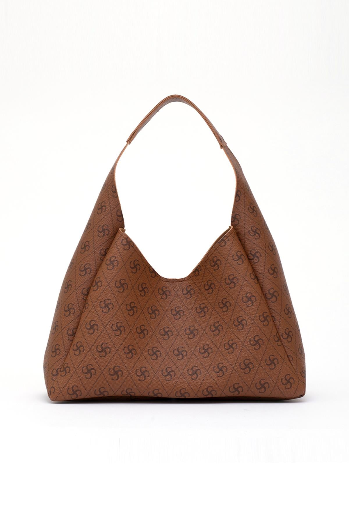 Monogram Baskılı Taba SHK19 Suni Deri, Çıtçıtlı, Tek Bölmeli, Fermuarlı Makyaj Çantalı, El, Kol ve Omuz Çantası