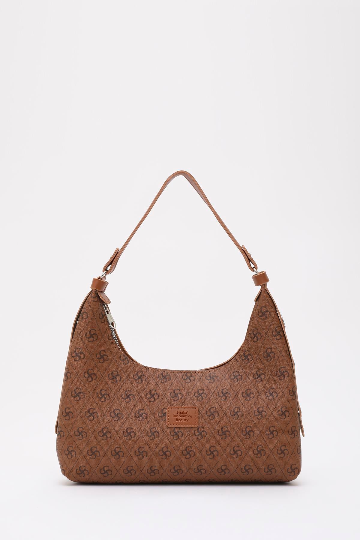 Monogram Baskılı Taba Shk82 Baget Model Tek Bölmeli Kadın Suni Deri Kol ve Omuz Çantası U:17 E:30 G:7