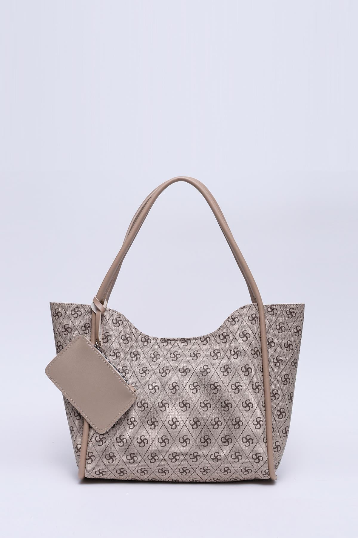 Monogram Baskılı Vizon Shk108 Çıtçıtlı Suni Deri Cüzdanlı Makyaj Çantalı Kadın El ve Omuz Çantası U:25 E:38 G:15 cm