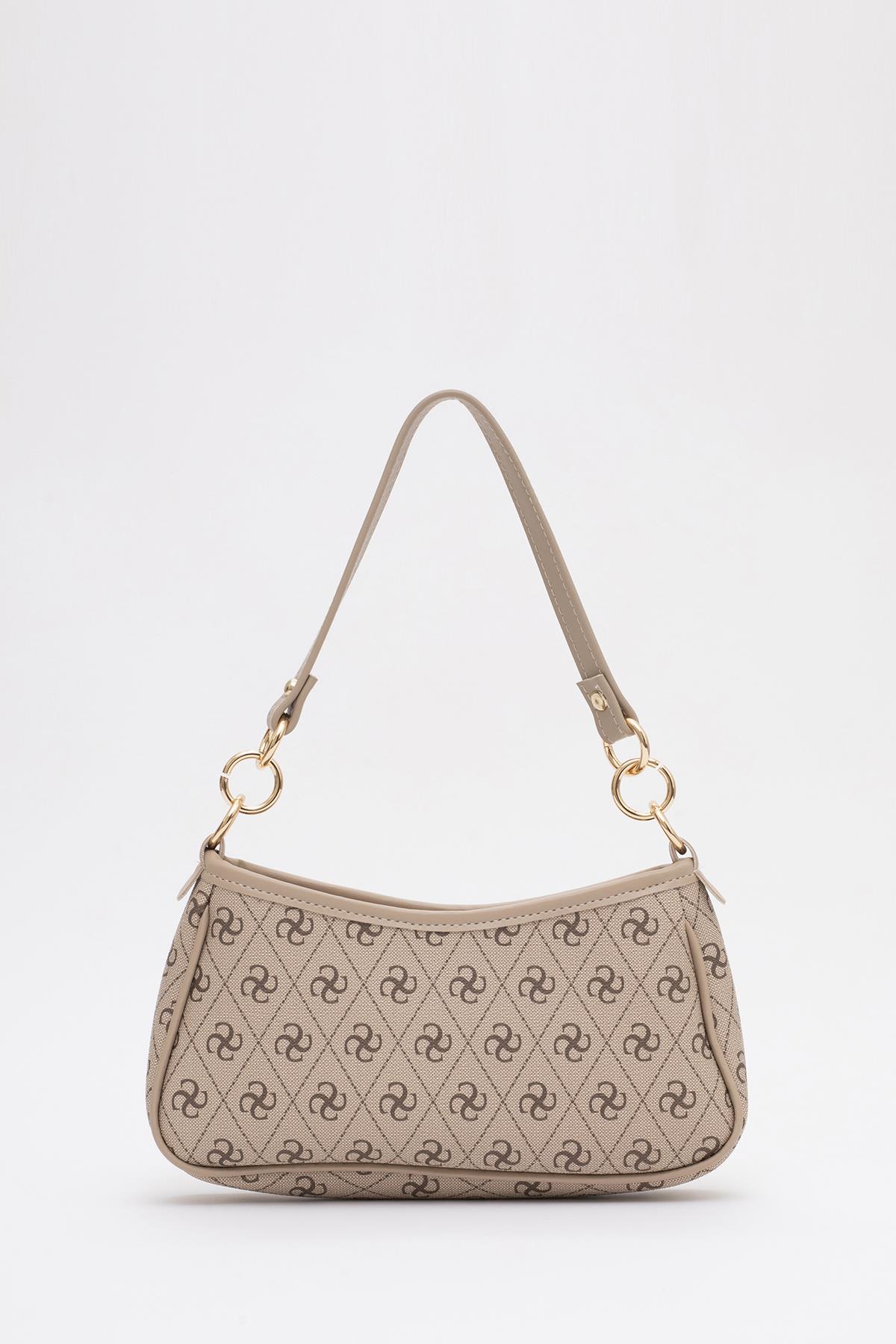 Monogram Baskılı Vizon Shk113 Suni Deri Astarlı Fermuarlı Ayarlanabilir Askılı El, Kol ve Omuz Çantası U:13 E:23 G:6 cm