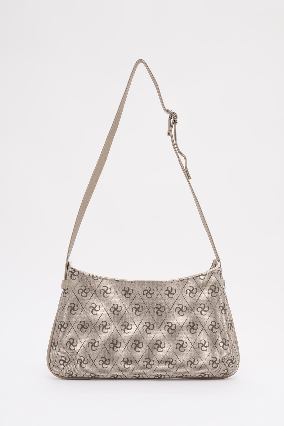 Monogram Baskılı Vizon Shk129 Suni Deri Astarlı Fermuarlı Ayarlanabilir Askılı El, Kol ve Omuz Çantası U:14 E:26 G:4 cm