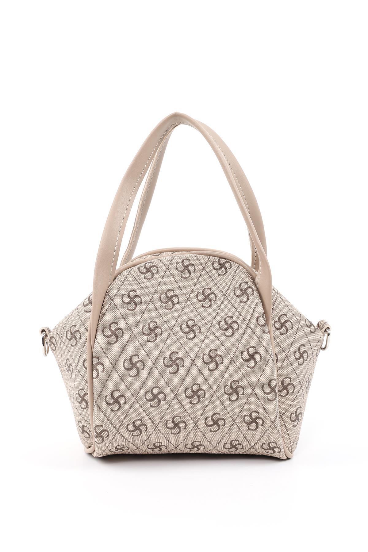 Monogram Baskılı Vizon Shk132 Suni Deri, Fermuarlı Tek Bölmeli, Çıtçıt Detaylı ,Askılı El ve Çapraz Omuz Çantası