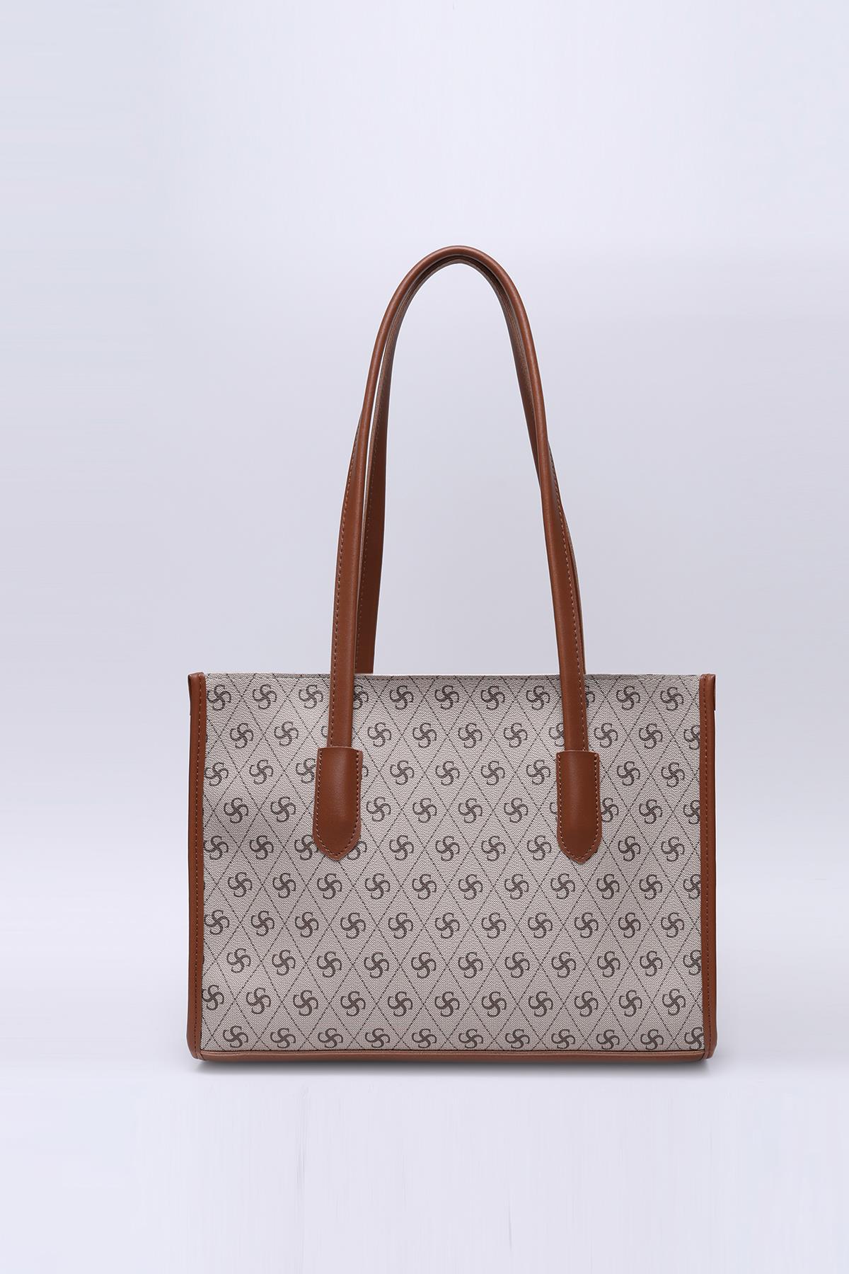 Monogram Baskılı Vizon Shk173 Suni Deri, Tek Bölmeli, Fermuarlı, Makyaj Çantalı El, Kol ve Omuz Çantası U:24 E:34 G:13 Cm