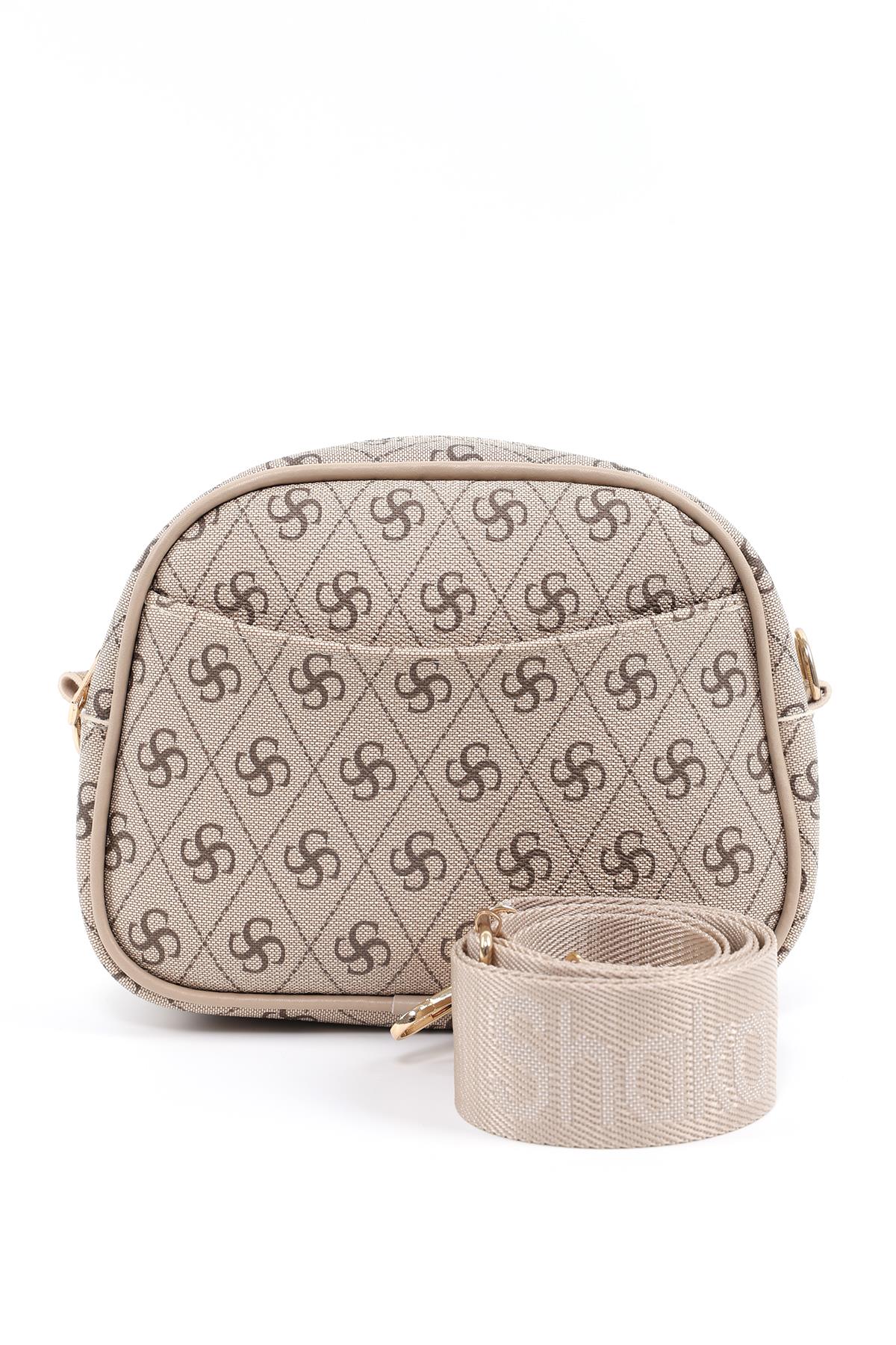 Monogram Baskılı Vizon SHK194 Suni Deri 2 Bölmeli Fermuarlı Ayarlanabilir Kolon Askılı Omuz Çantası U:16 E:21 G:6 cm