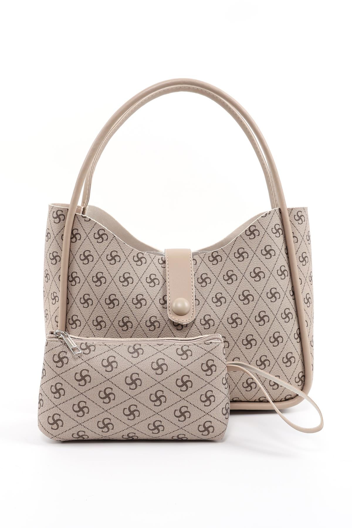 Monogram Baskılı Vizon Shk79 Deri Düğme Detaylı Çıtçıtlı Makyaj Çantalı Kol ve Omuz Çantası E:30 U:22 G:10