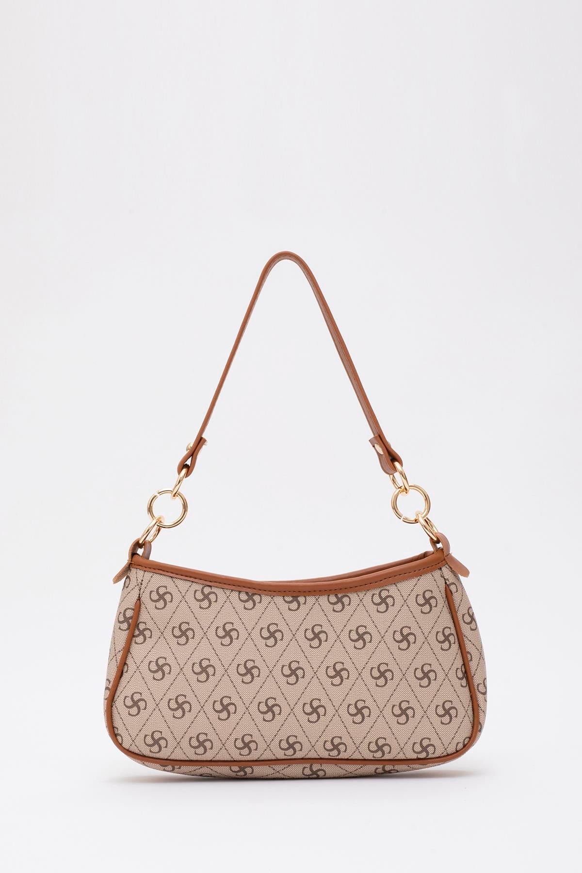 Monogram Baskılı Vizon/Taba Shk113 Suni Deri Astarlı Fermuarlı Ayarlanabilir Askılı El, Kol ve Omuz Çantası U:13 E:23 G:6 cm