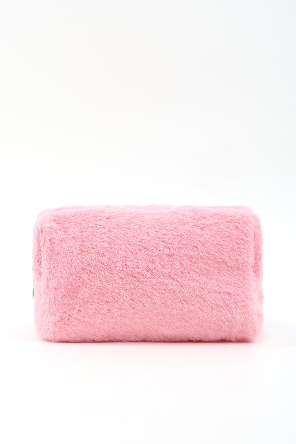 Pembe SHK244 Peluş Kumaş ,Fermuarlı Tek Bölmeli ,Seyahat ve Makyaj Çantası