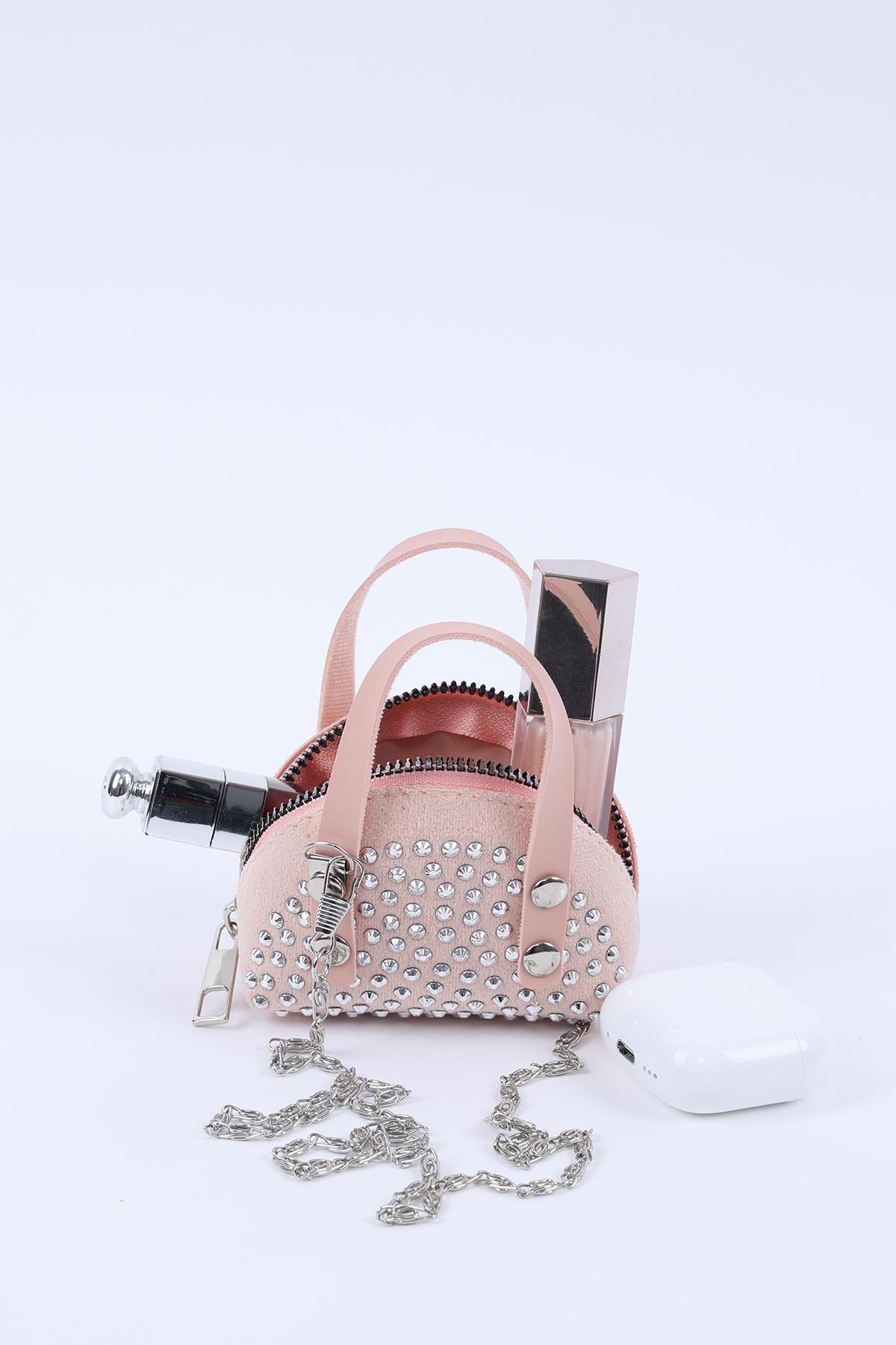 Pudra Shk220 Süet Kumaş, Tek Bölmeli, Zincir Askılı,Fermuarlı, Taşlı, Mini El Ve Omuz Çantası