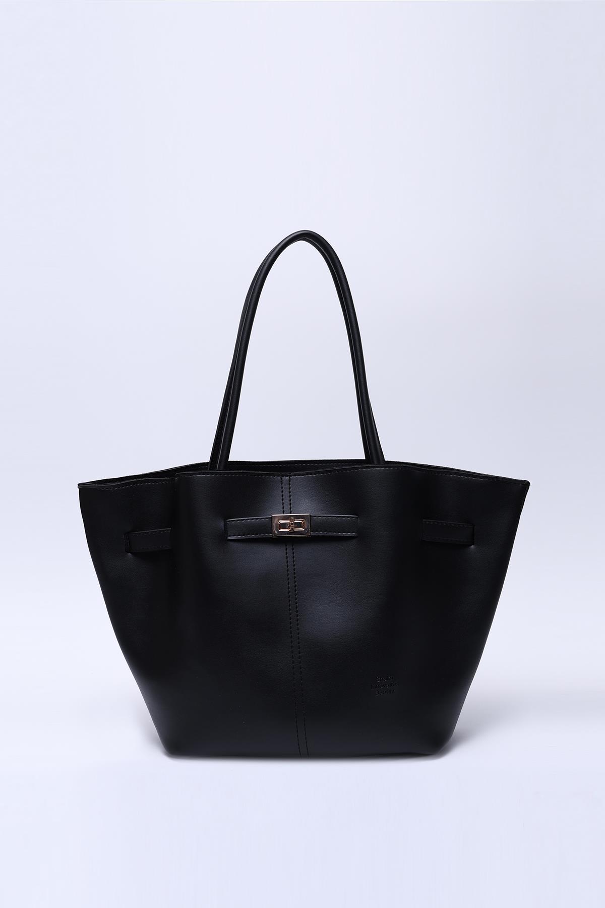 Siyah Shk159 Suni Deri, Astarlı, Çıtçıtlı, Kilit Detaylı El, Kol ve Omuz Çantası U:25 E:40 G:10 cm