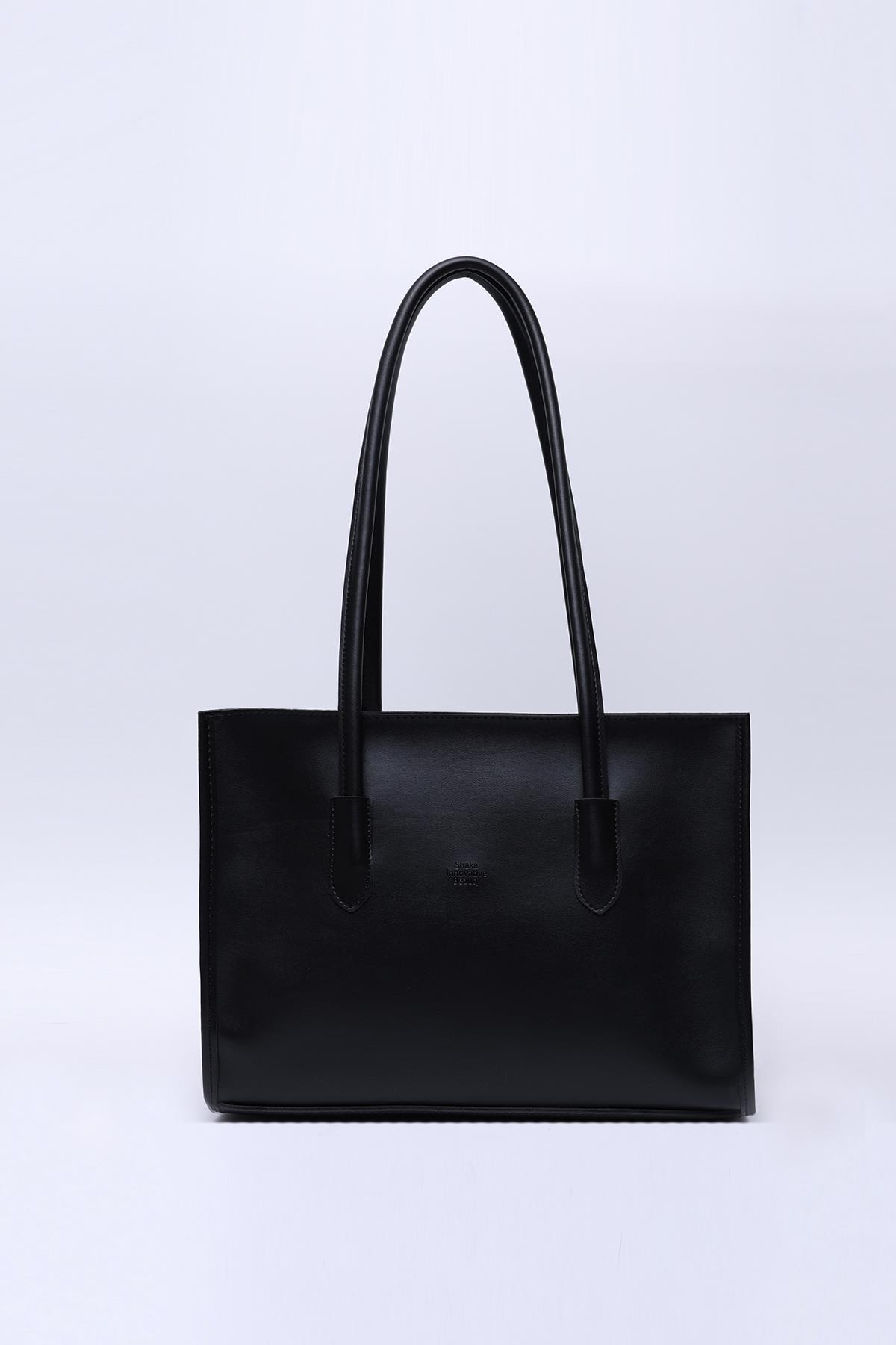Siyah Shk173 Suni Deri, Tek Bölmeli, Fermuarlı, Makyaj Çantalı El, Kol ve Omuz Çantası U:24 E:34 G:13 Cm