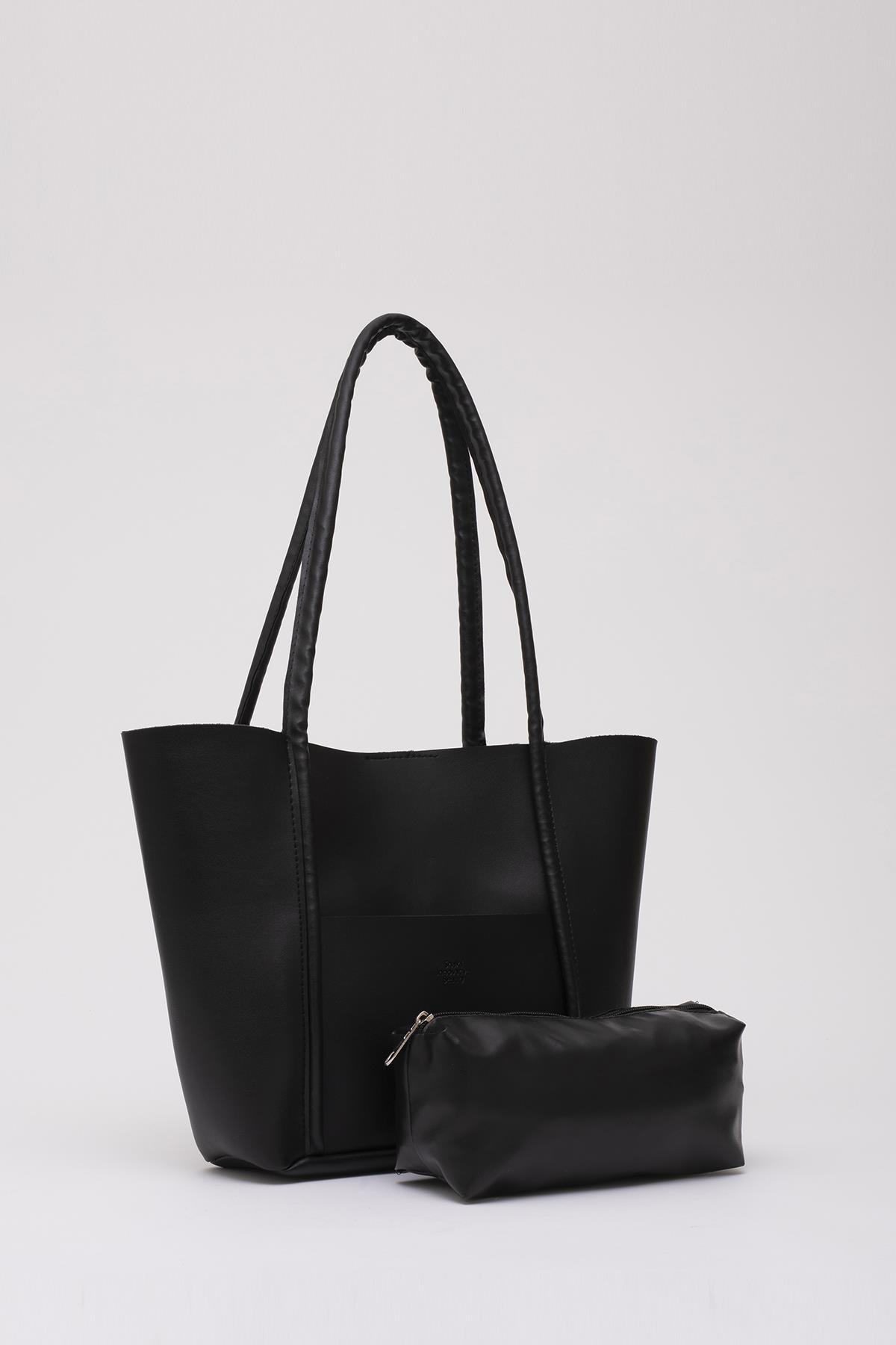 Siyah Shk80 Önü Cepli Çıtçıtlı Makyaj Çantalı Suni Deri Büyük Boy Kol ve Omuz Çantası U:26 E:40 G:8 cm