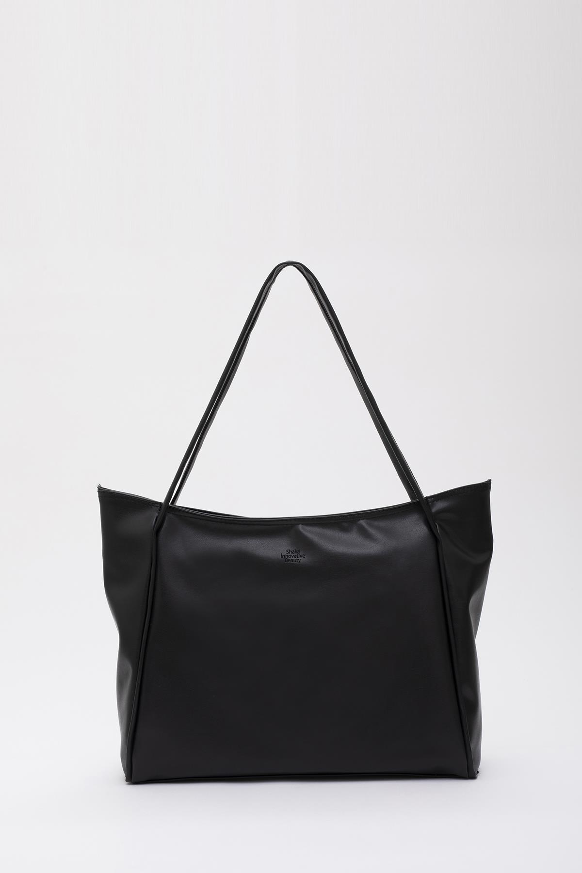Siyah Shk90 Suni Deri İç Bölmeli Fermuarlı El, Kol Ve Omuz Shopper Çanta U:28 E:40 G:9