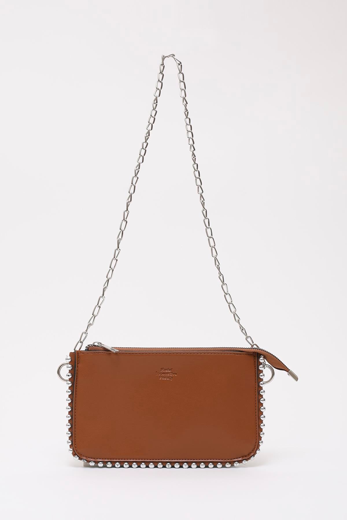 Taba SHK125 Suni Deri Boncuk Detaylı Fermuarlı Tek Bölmeli Zincir Askılı Omuz Çantası E:23 B:14 Cm