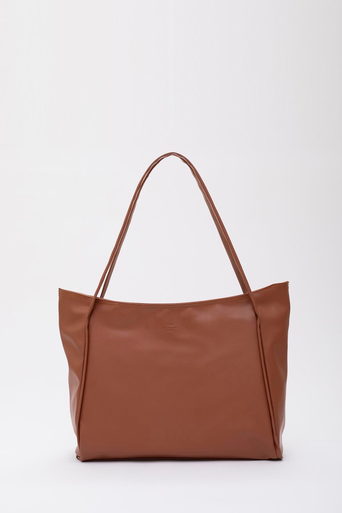 Taba Shk90 Suni Deri İç Bölmeli Fermuarlı El, Kol Ve Omuz Shopper Çanta U:28 E:40 G:9