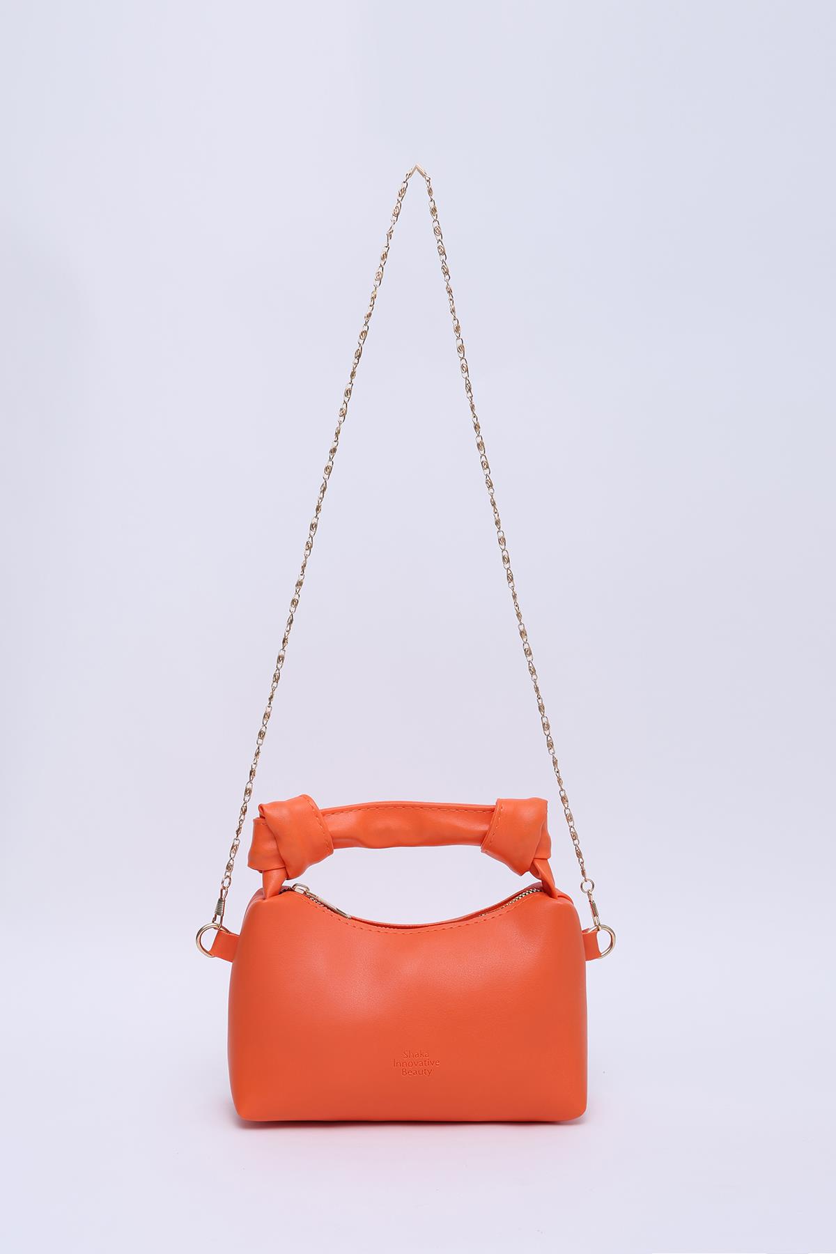 Turuncu Shk24 Orjinal Soft Deri Düğüm Detaylı Zincir Askılı El ve Omuz Çantası U:14 E:22 G:8 cm