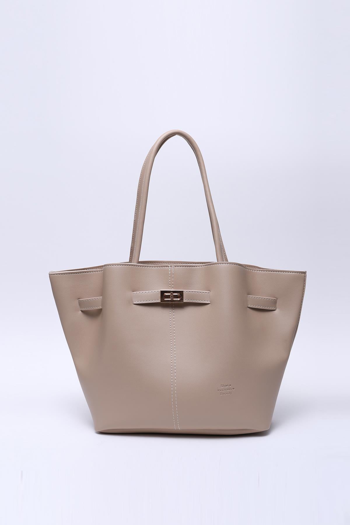 Vizon Shk159 Suni Deri, Astarlı, Çıtçıtlı, Kilit Detaylı El, Kol ve Omuz Çantası U:25 E:40 G:10 cm