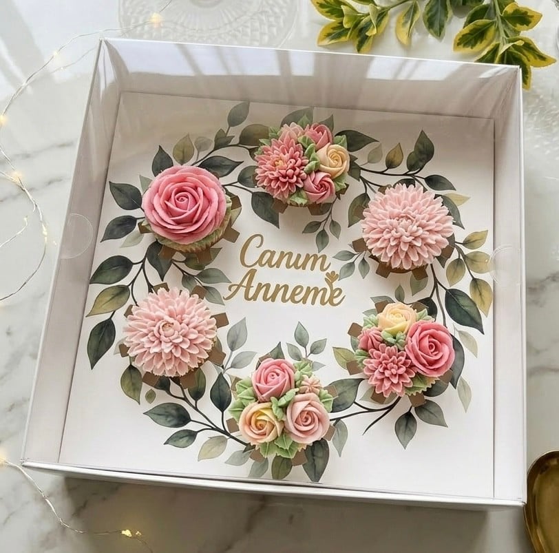 EGE CONCEPT LİFE-Anneler Gününe Özel Yaprak DESENLİ 6 lı CUPCAKE KUTUSU ve Canım Anneme Pleksi set 