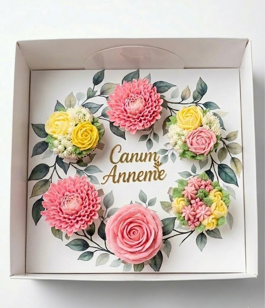 ANNELER GÜNÜNE ÖZEL YAPRAK DESENLİ 6 Lı CUPCAKE KUTUSU VE CANIM ANNEME PLEKSİ SET