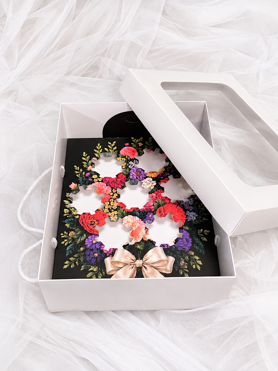 Asetat Pencereli SİYAH EXCLUSİVE BUKET CUP CAKE KUTUSU SİYAH EXCLUSİVE  (7 BÖLMELI) 35x26x11  ADETLİ SATIŞ 