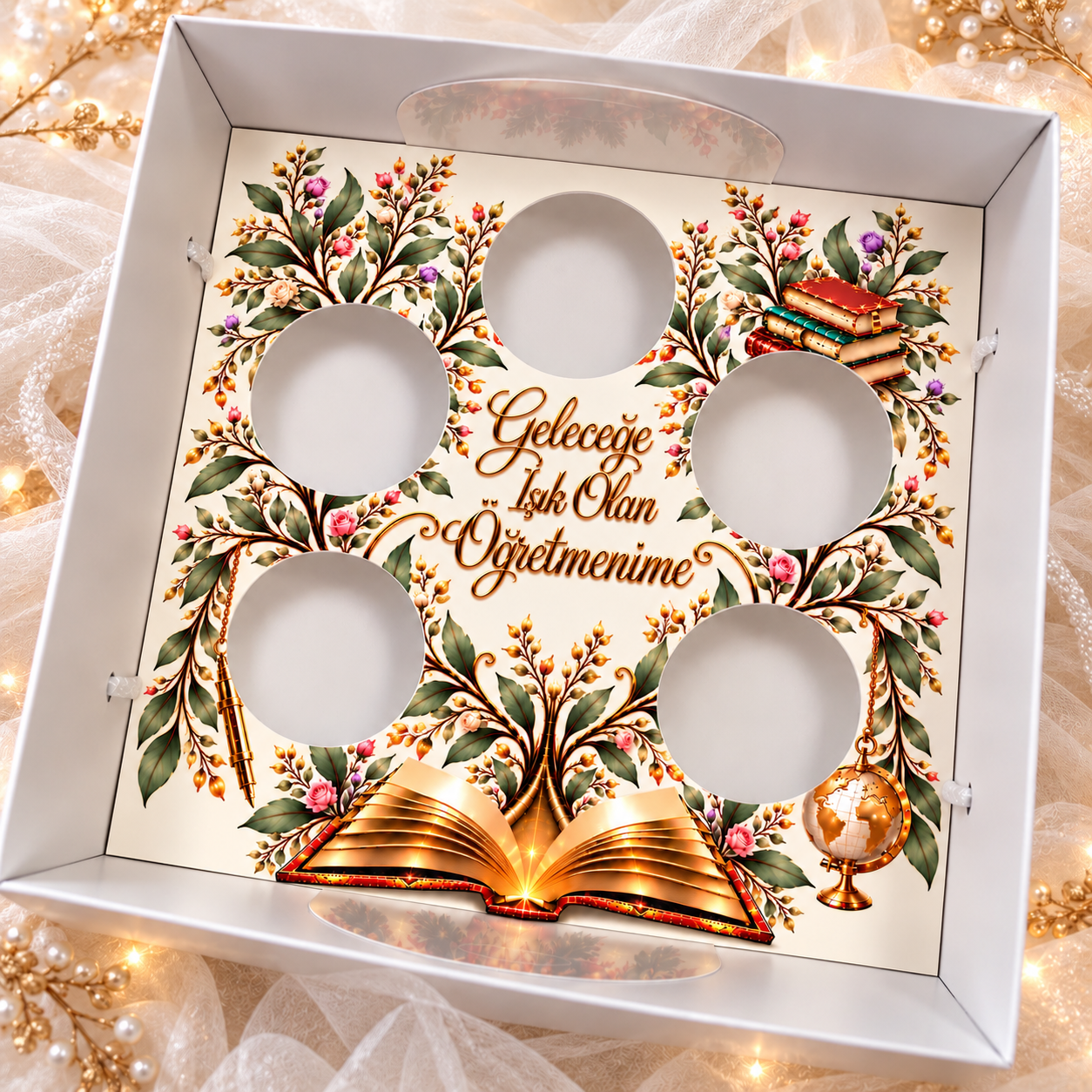 “Geleceğe Işık TUTAN ÖĞRETMENİME “ 5 BÖLMELİ CUPCAKE KUTUSU  ölçü: 25x25x10 ADETLİ SATIŞ