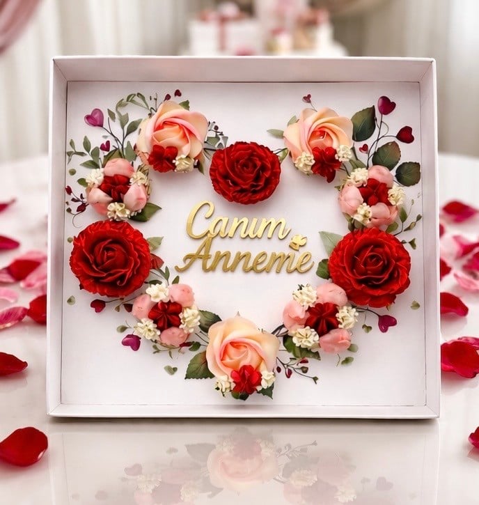 EGE CONCEPT LİFE-KALP CUPCAKE KUTUSU asetat pencereli 35x35x11  ve CANIM ANNEM'e Pleksi 