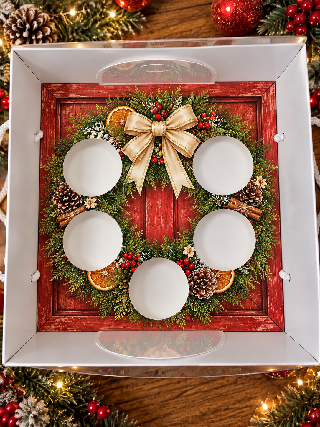 Kırmızı Arka Fonlu Yılbaşı Çelengi  5 BÖLMELİ FULL ASETAT KAPAKLI CUPCAKE KUTUSU 25x25x10