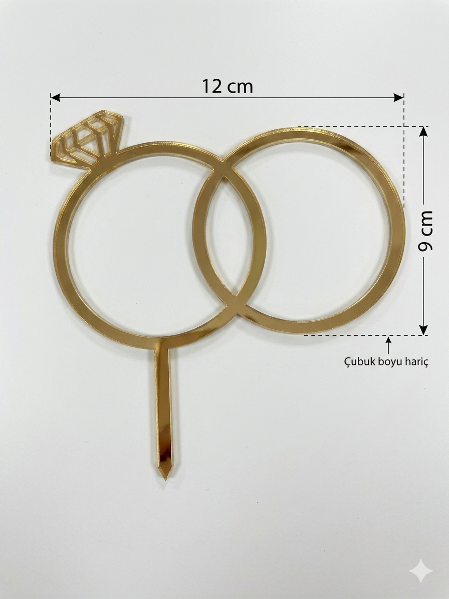 Yüzük Pleksi Pasta Süsü GOLD Çubuklu - 12x8 cm + 4 cm Çubuk