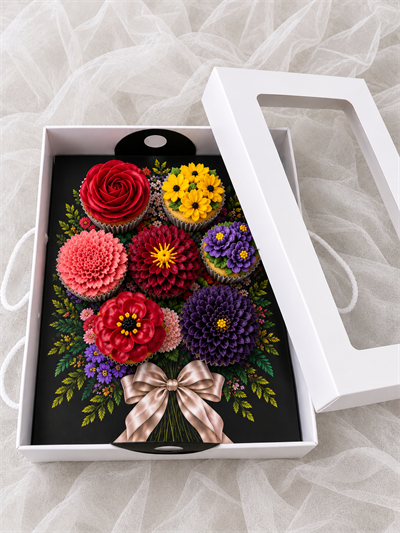 EGE CONCEPT LİFE-Asetat Pencereli SİYAH EXCLUSİVE BUKET CUP CAKE KUTUSU SİYAH EXCLUSİVE  (7 BÖLMELI) 35x26x11  ADETLİ SATIŞ 