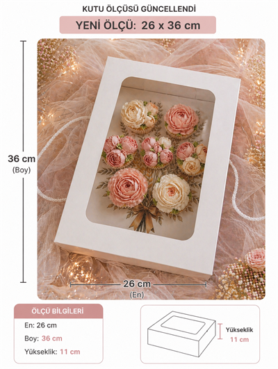 Buket Cup Cake Kutusu  YAPRAK BASKILI PENCERELİ (7 bölmeli )  ADETLİ SATIŞ 