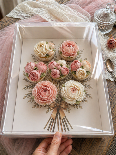  BUKET CUP CAKE KUTUSU FULL ASETAT KAPAKLI YAPRAK BASKILI (7 BÖLMELI) 35x26x11