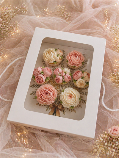 Buket Cup Cake Kutusu  YAPRAK BASKILI PENCERELİ (7 bölmeli )  ADETLİ SATIŞ 