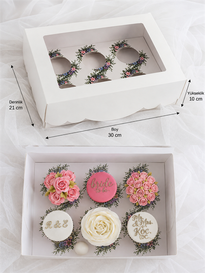(Model 2) 6 LI CUPCAKE KUTUSU ÇİÇEK VE YAPRAK DESENLİ  