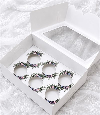 (Model 2) 6 LI CUPCAKE KUTUSU ÇİÇEK VE YAPRAK DESENLİ  