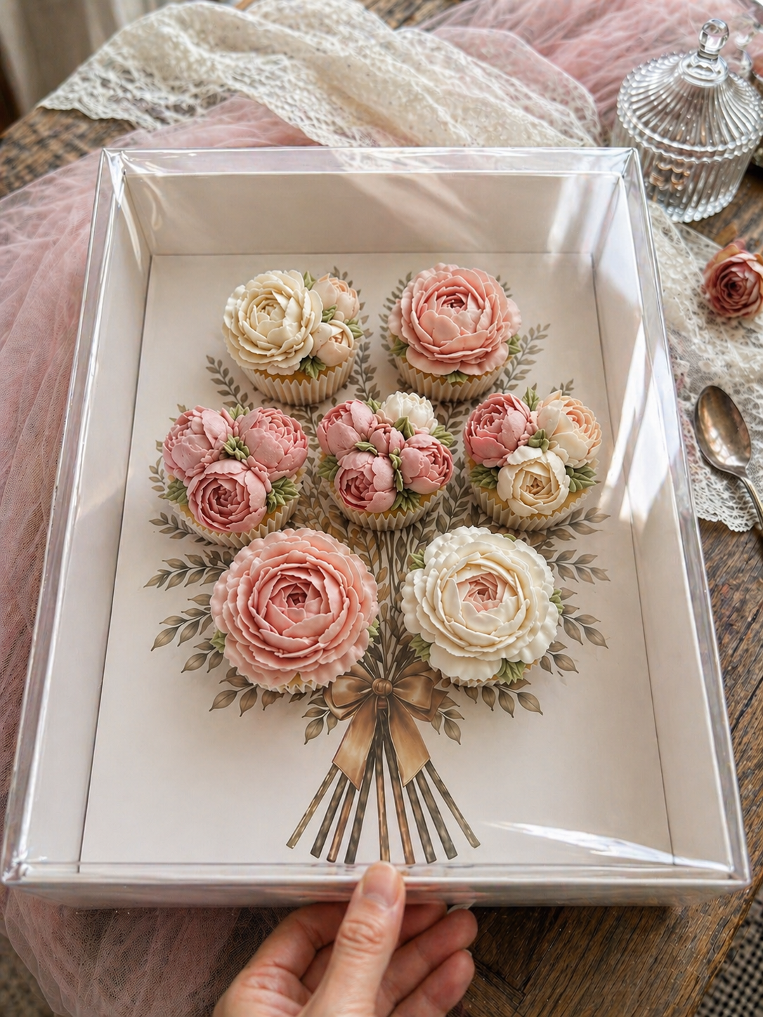 EGE CONCEPT LİFE-Buket Cup Cake Kutusu FULL ASETAT KAPAKLI YAPRAK BASKILI (7 bölmeli ) 35x26x11 