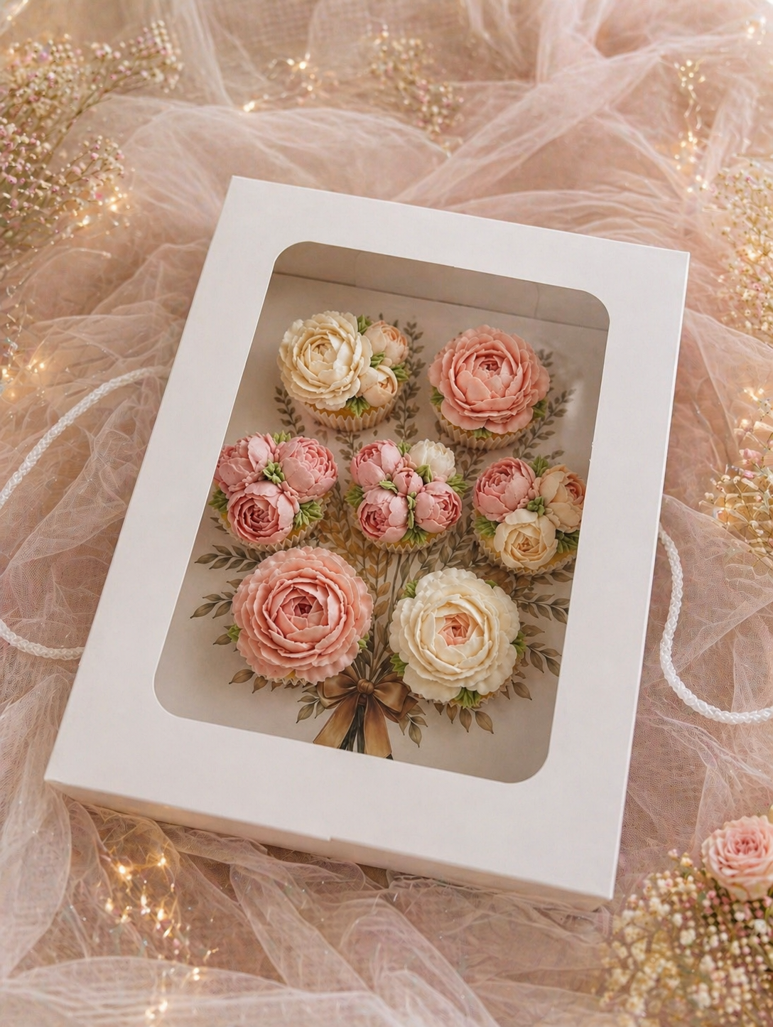 EGE CONCEPT LİFE-Buket Cup Cake Kutusu  YAPRAK BASKILI PENCERELİ (7 bölmeli )  ADETLİ SATIŞ 
